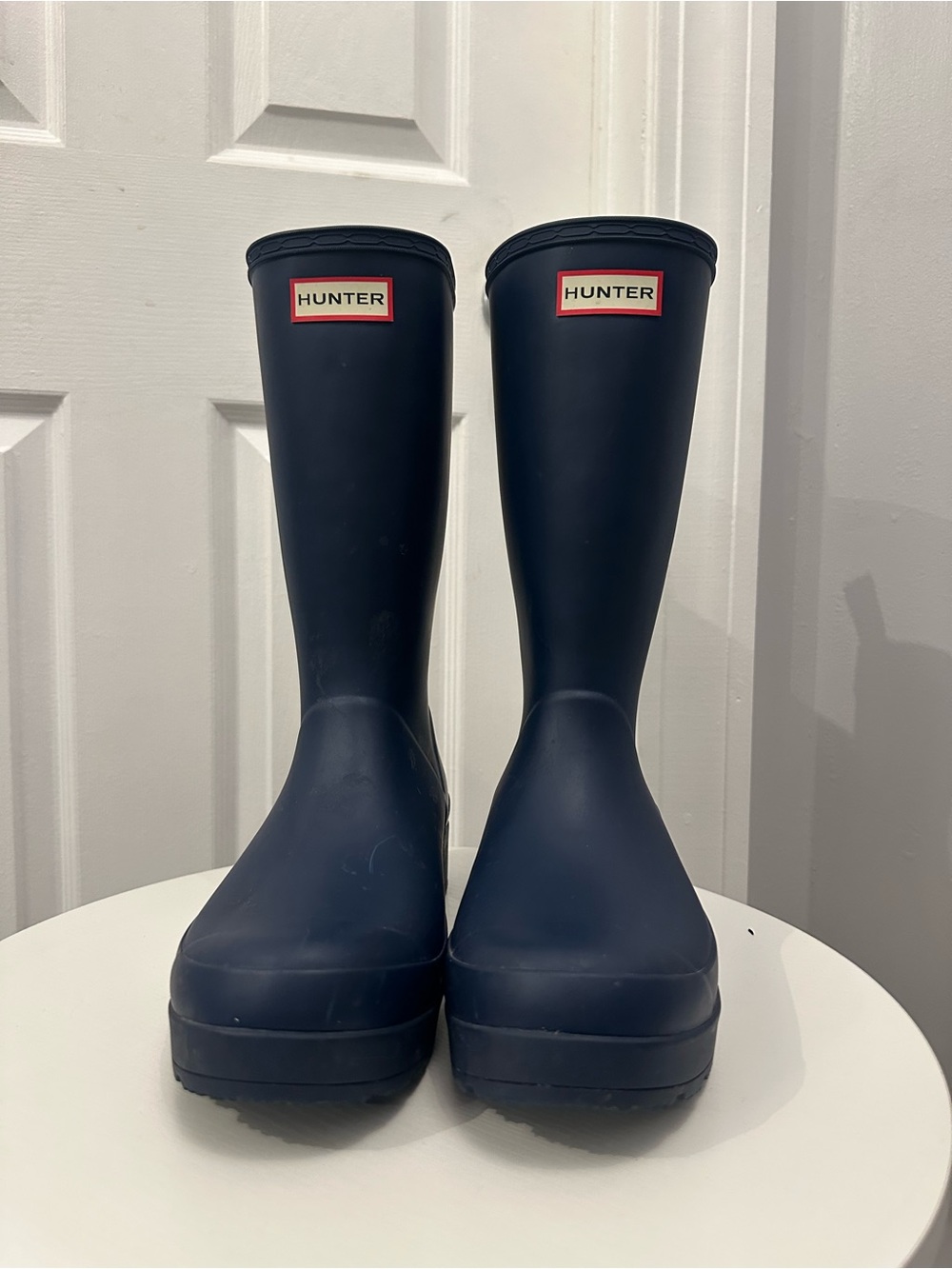 Hunter Tall Matte Navy Wedge Rain Boots. Women’s 10